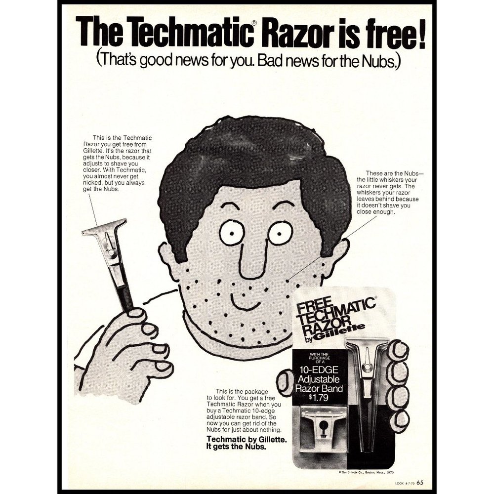 1970 Gillette Techmatic Razor Vintage Print Ad Cartoon Drawing Shaving Wall Art